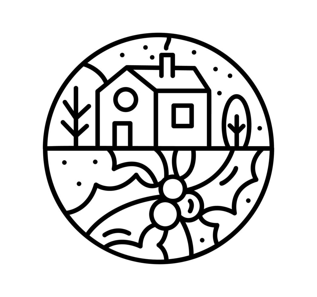 folhas de azevinho de composição de advento de natal e bagas, casa e árvores. logotipo do construtor de vetores de inverno desenhado à mão em dois quadros meio redondos. para cartão, convite de férias