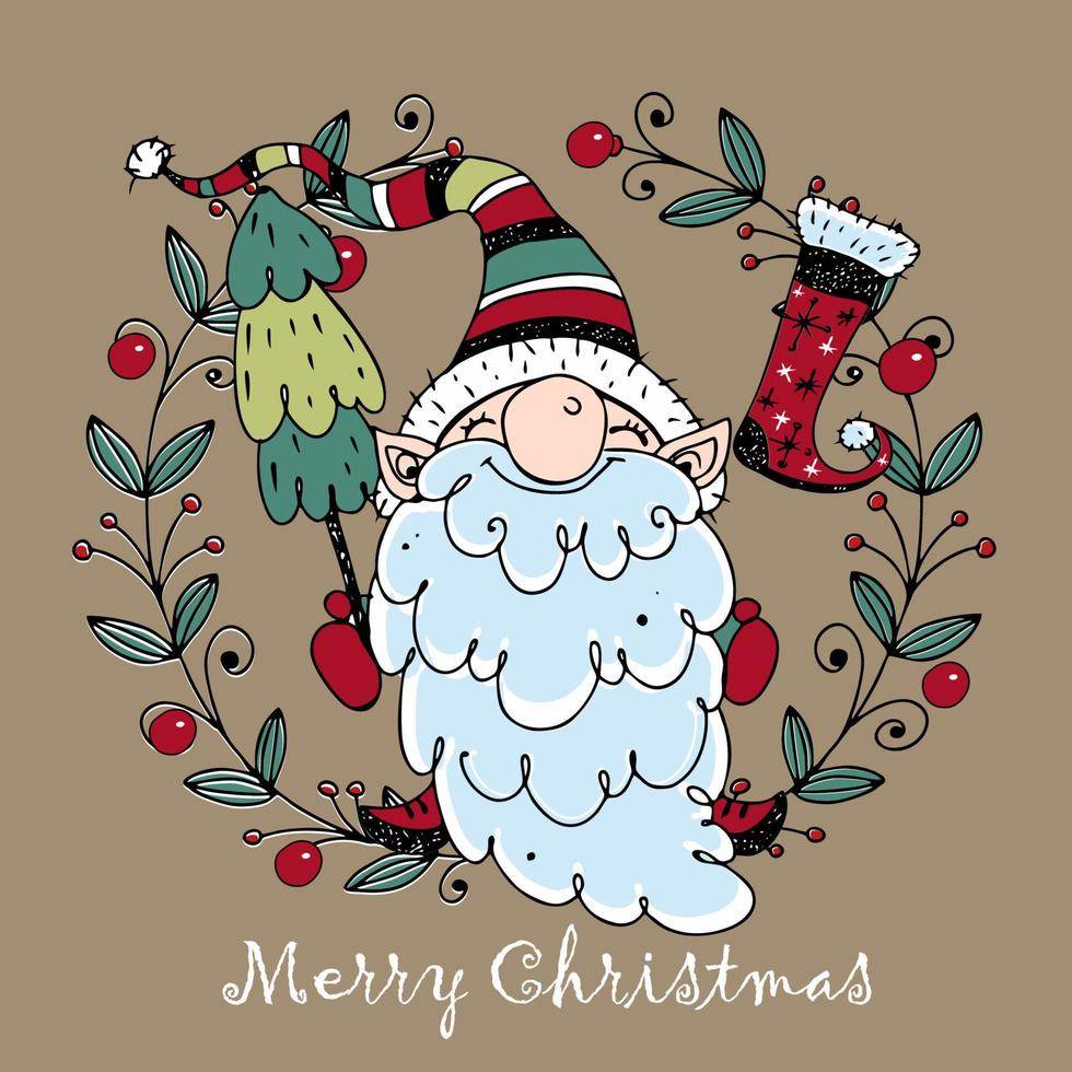 lindo gnomo de natal com presentes no estilo doodle. cartão de felicitações. vetor. vetor