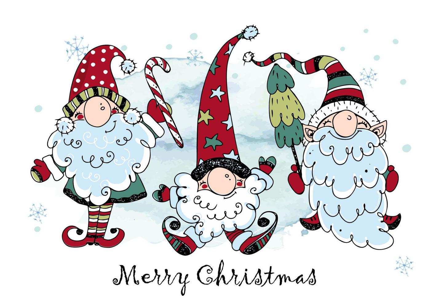cartão de natal com gnomos nórdicos engraçados com presentes. estilo rabisco. vetor. vetor