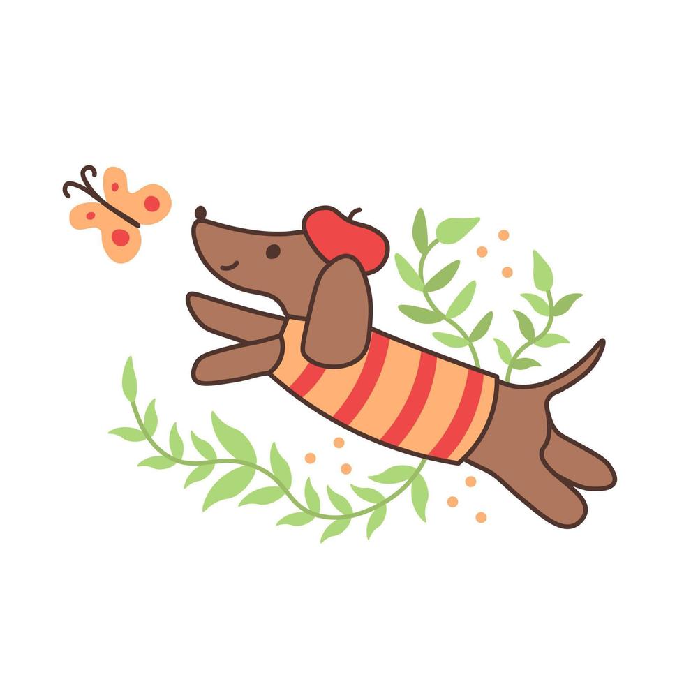 dachshund com doodle infantil de borboleta vetor