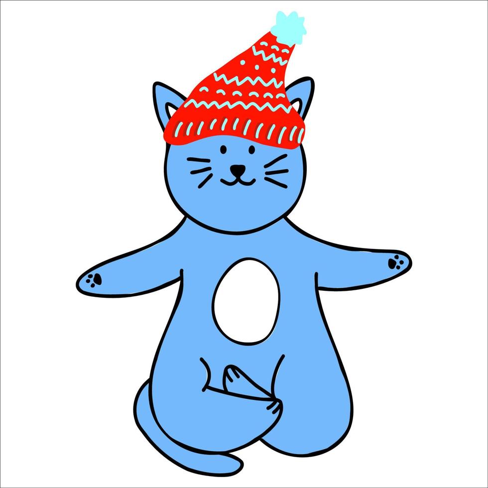 lindo gato azul com chapéu vermelho meditando em pose de lótus, clipart desenhado à mão para cartão de natal, design da capa, pôster, símbolo do zodíaco chinês de 2023 vetor