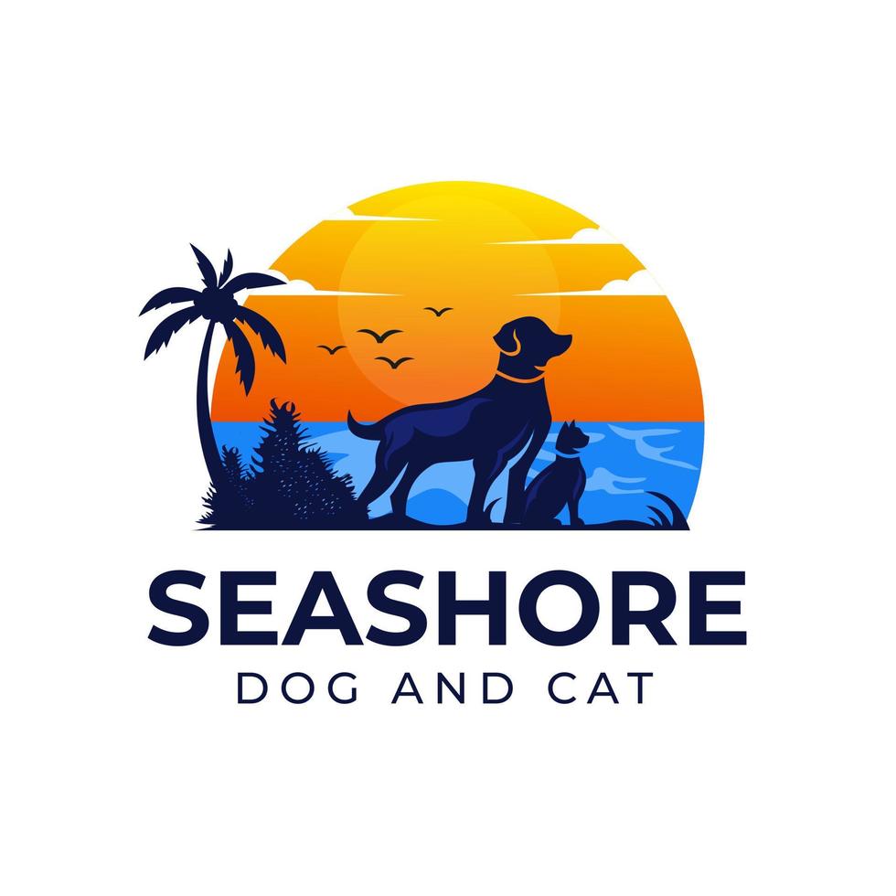 ilustração vetorial animais de estimação cachorro e gato vista da ilha fundo, lago, sol pode ser usado pet shop vetor