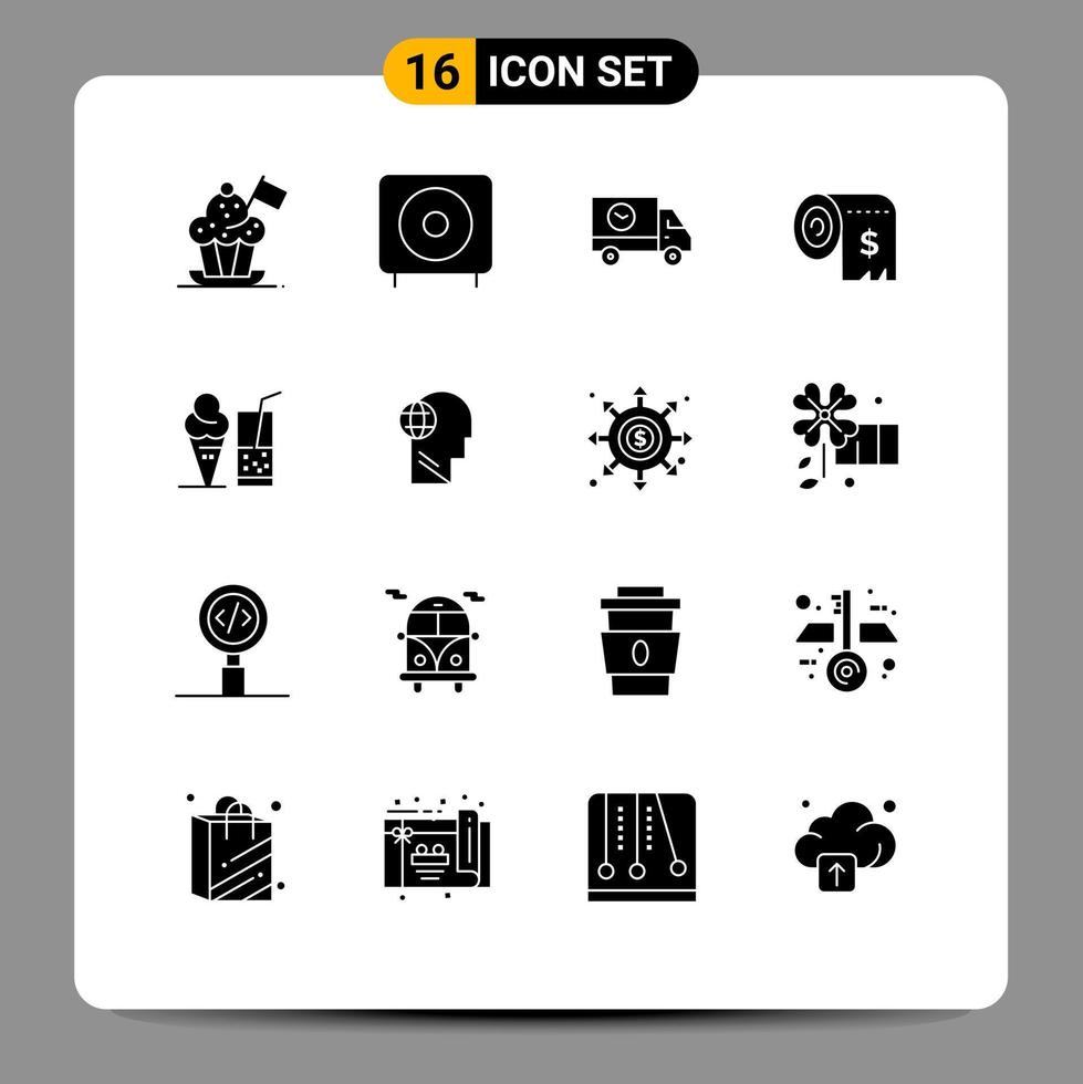 pacote de interface do usuário com 16 glifos sólidos básicos de produtos de orçamento de custos, envio de caminhão, elementos de design vetorial editáveis vetor
