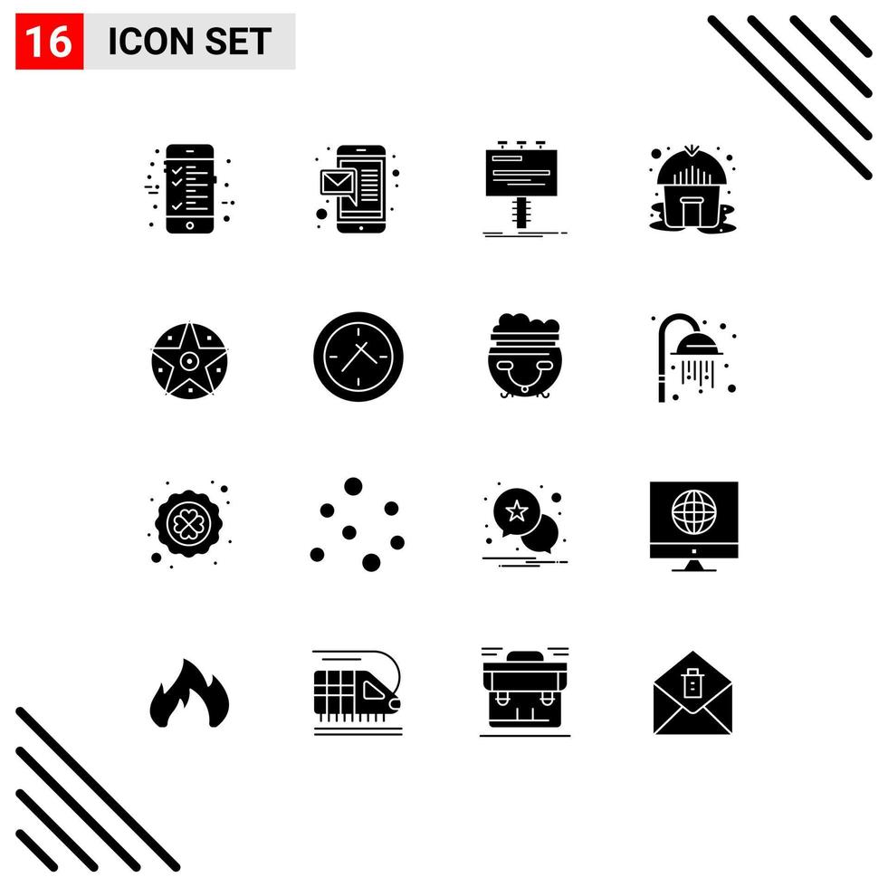 conjunto moderno de 16 glifos e símbolos sólidos, como elementos de design de vetor editável de tenda de pentagrama de publicidade satânica estrela