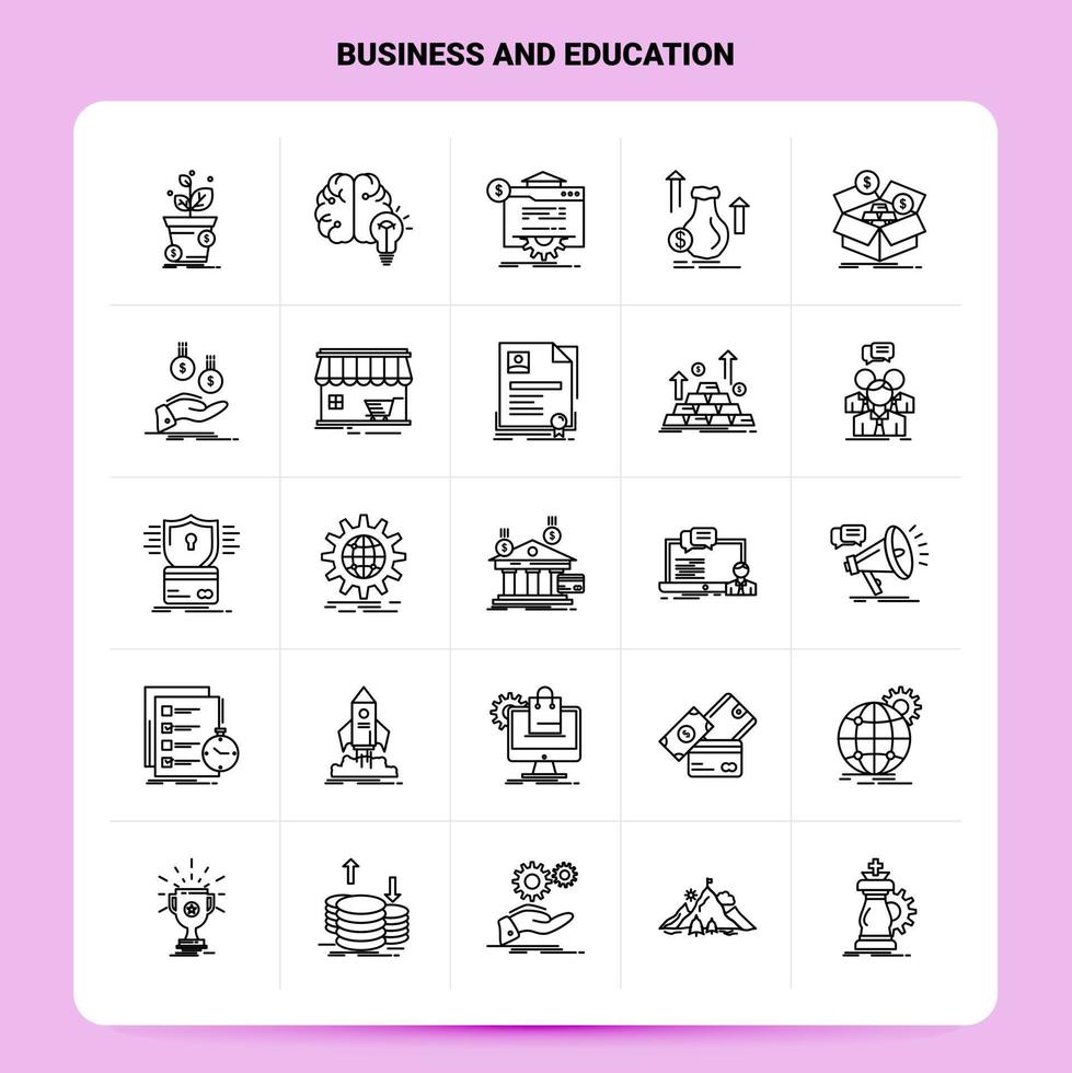 delinear 25 conjunto de ícones de negócios e educação vetor design de estilo de linha ícones pretos conjunto de pictograma linear pacote de ideias de negócios móveis e web design ilustração vetorial