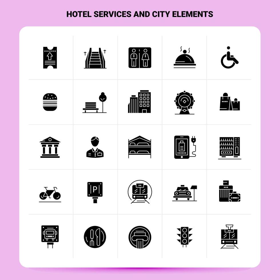 sólido 25 serviços de hotel e conjunto de ícones de elementos da cidade design de estilo de glifo vetorial conjunto de ícones pretos web e design de ideias de negócios móveis ilustração em vetor