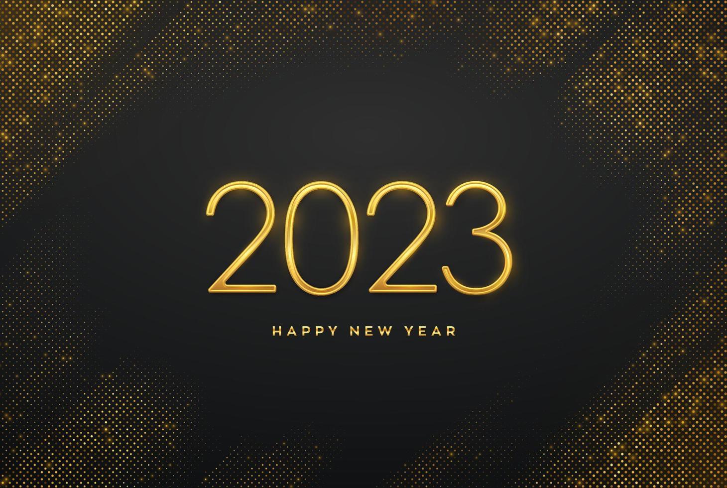 feliz ano novo de 2023. números de luxo metálico dourado 2023 em fundo cintilante. sinal realista para cartão de felicitações. estourando o cenário com brilhos. cartaz festivo ou banner. ilustração vetorial. vetor