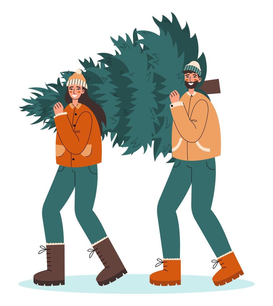 jovem mulher e homem em roupas quentes de inverno carregando grande pinheiro de natal juntos para a temporada de férias. ilustração em vetor plana.
