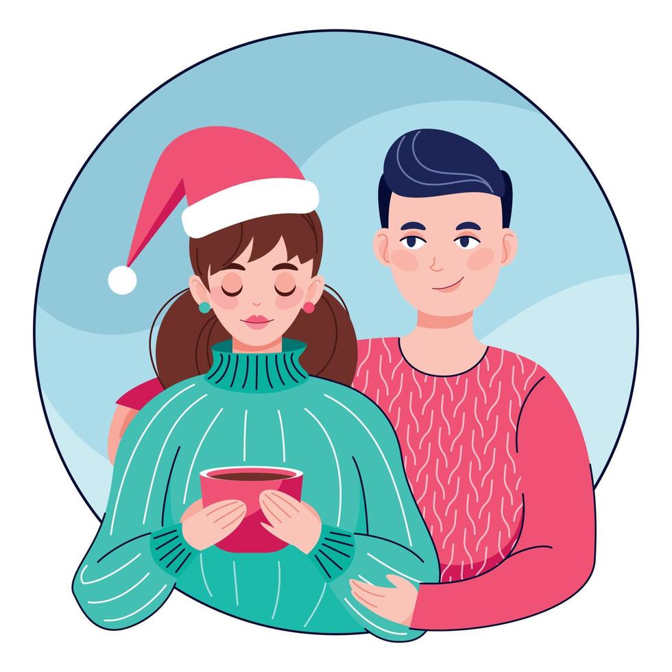 ilustração colorida em vetor plano com um casal se abraçando. jovem e jovem juntos. camisolas quentes de inverno. celebração de ano novo e feliz natal. humor de feriado.