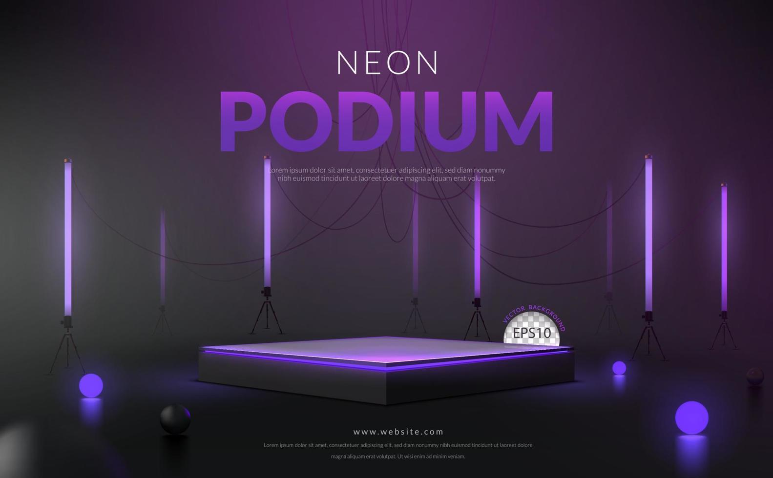 pódio de néon quadrado roxo com fundo de tubo fluorescente roxo, ilustração vetorial vetor