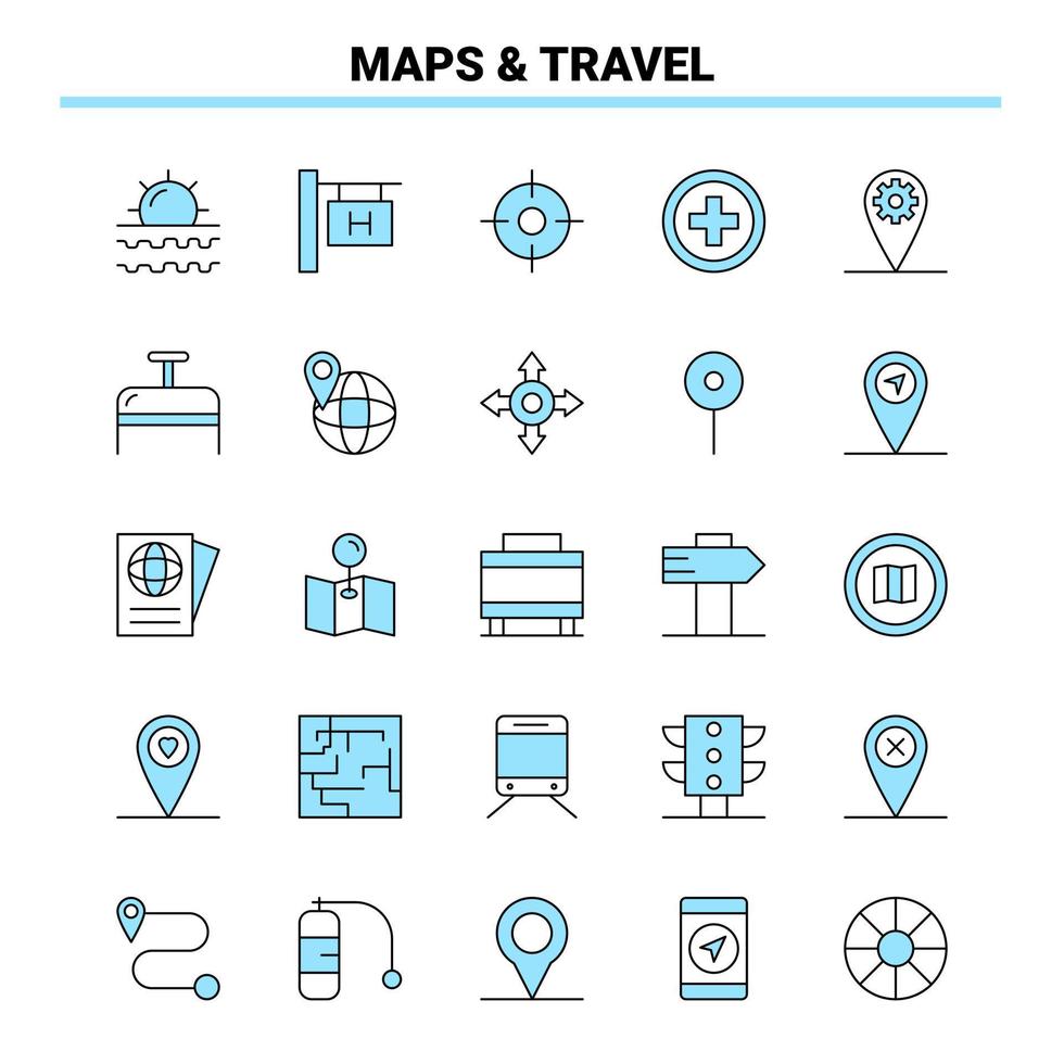 25 mapas viajam ícone preto e azul conjunto de design de ícone criativo e modelo de logotipo vetor