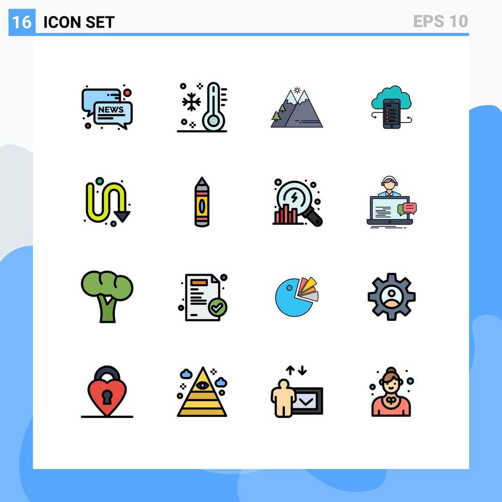 grupo de 16 linhas cheias de cores planas, sinais e símbolos para nuvens, férias, negócios, nuvens, armazenamento, sol, elementos de design de vetores criativos editáveis