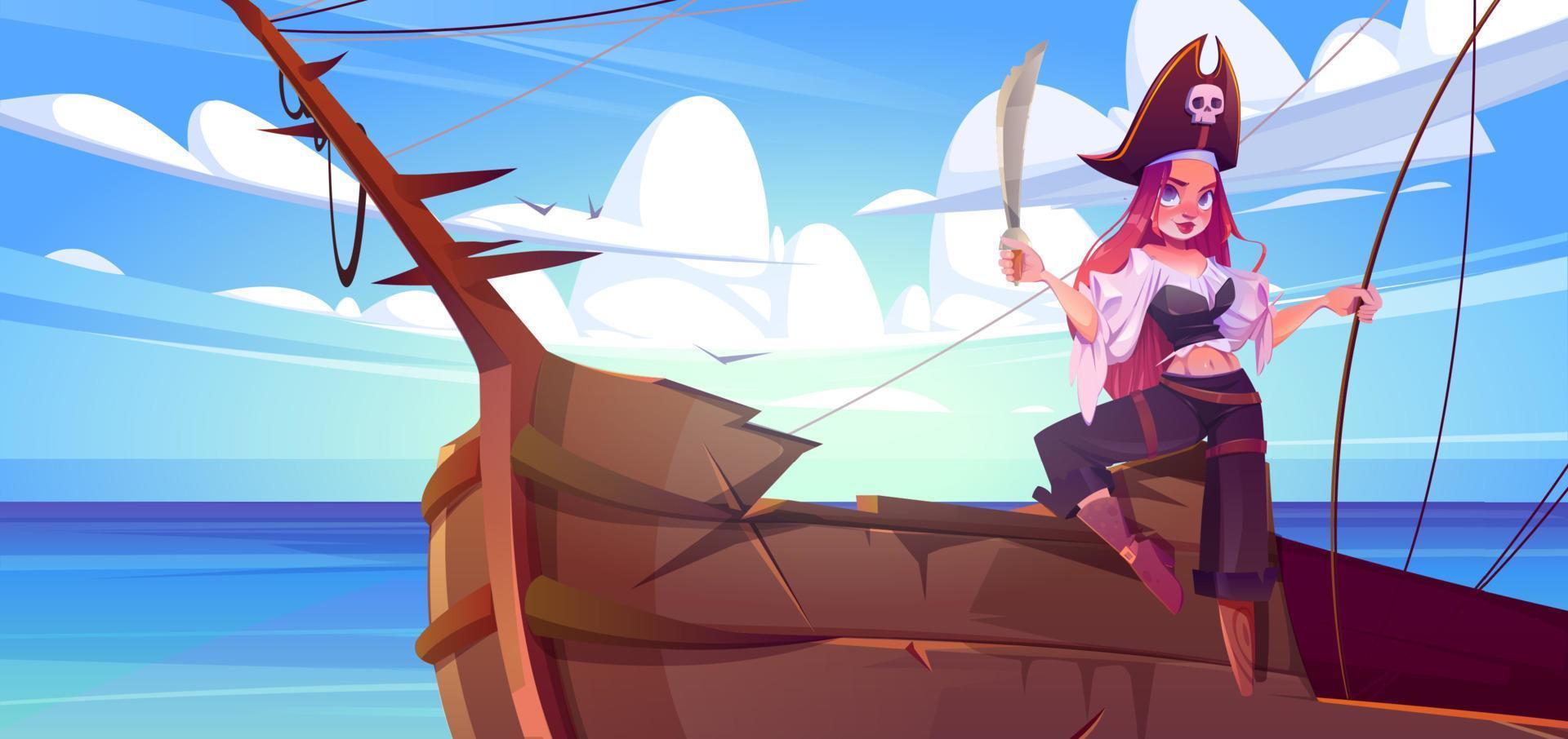 menina pirata com espada no convés do navio vetor