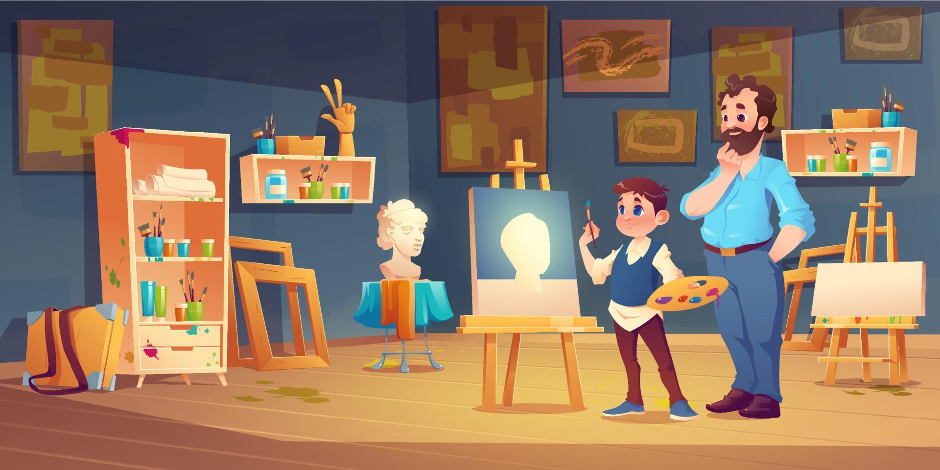 cena de aula de arte com criança estudando pintura. vetor