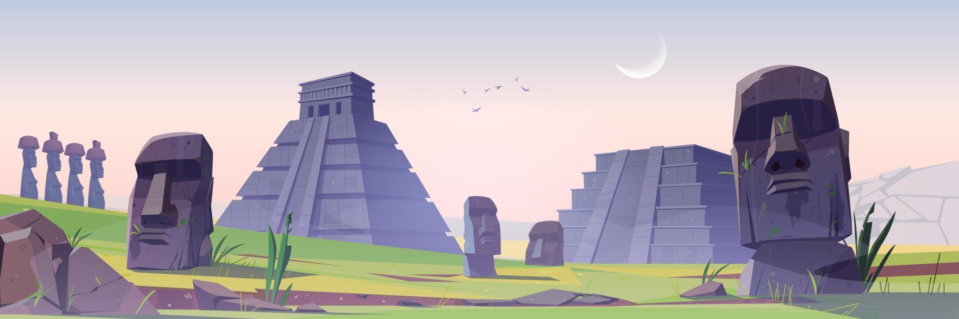 antigas pirâmides maias e monumentos de estátuas moai vetor