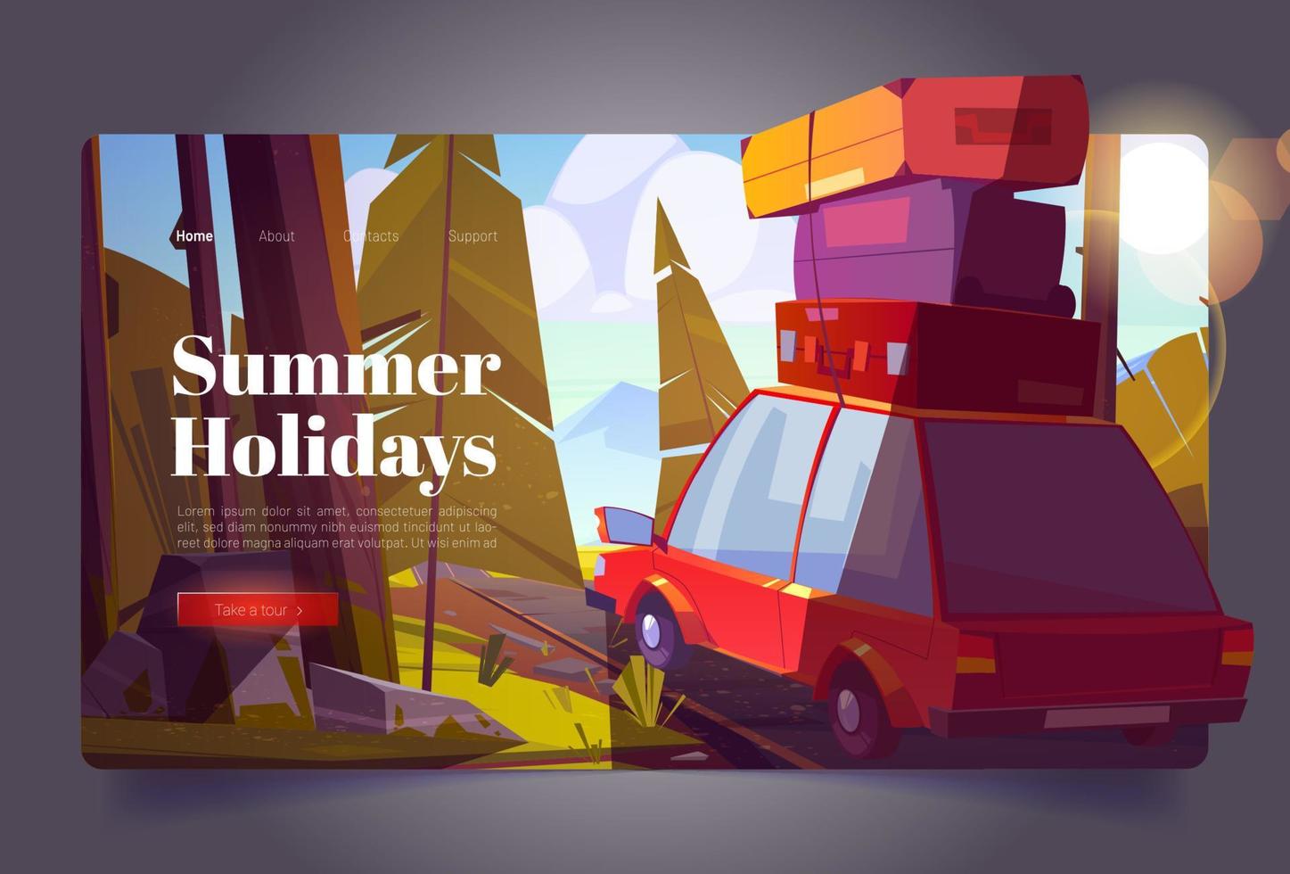página inicial dos desenhos animados das férias de verão, viagem de carro vetor