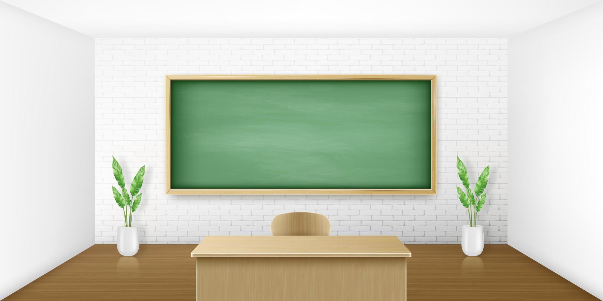 sala de aula com lousa verde na parede e mesa vetor