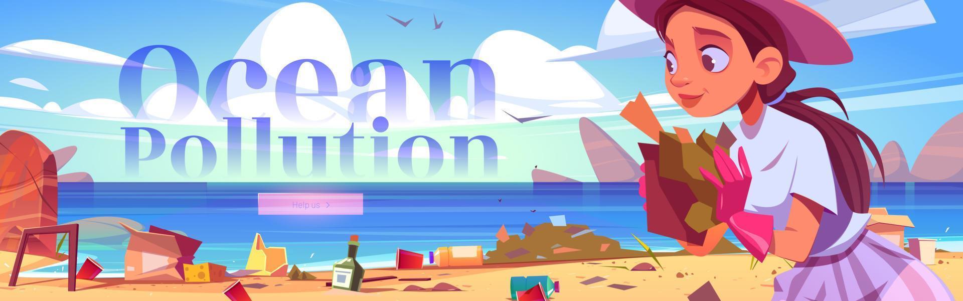 banner da web de desenhos animados de poluição do oceano, praia de limpeza vetor