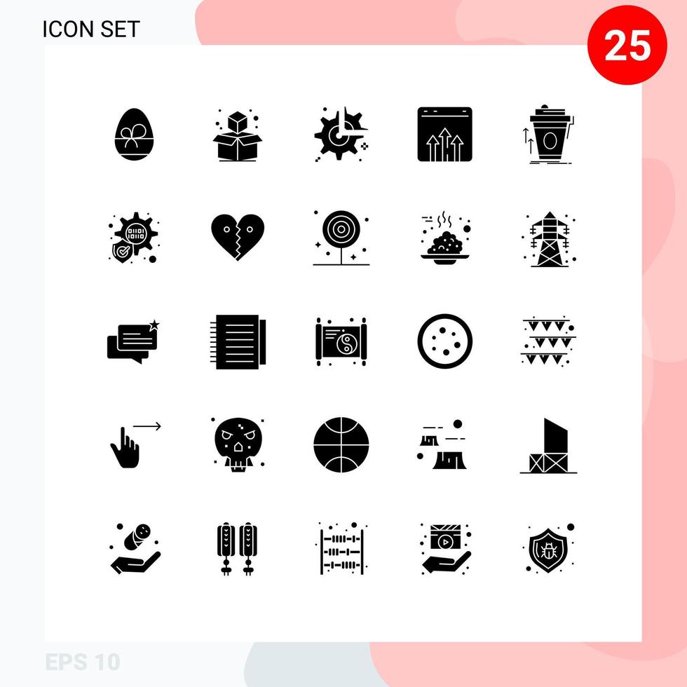 grupo de 25 glifos sólidos modernos definidos para elementos de design de vetores editáveis de gráfico de engrenagem de crescimento do produto