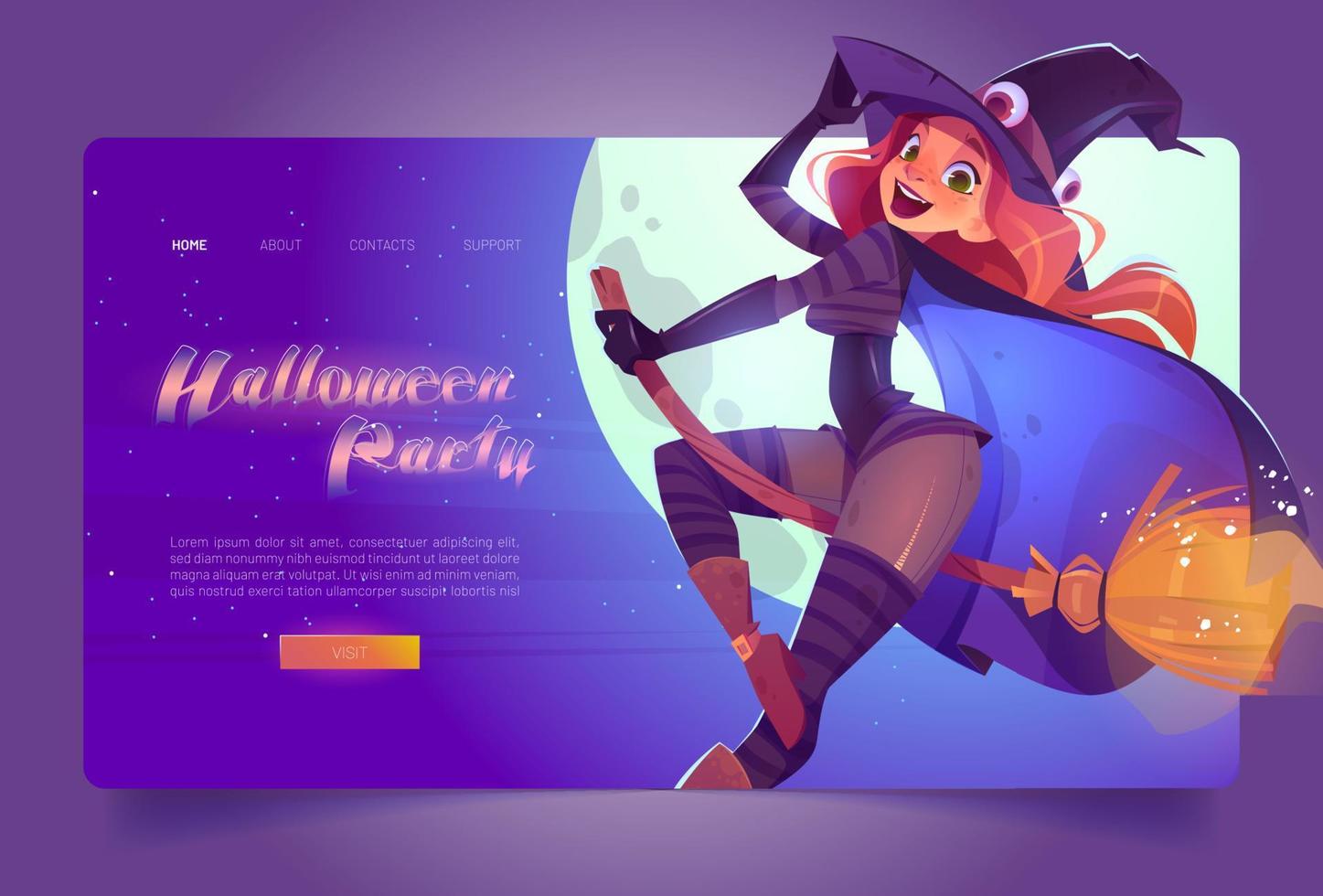 banner de festa de halloween com bruxa na vassoura vetor
