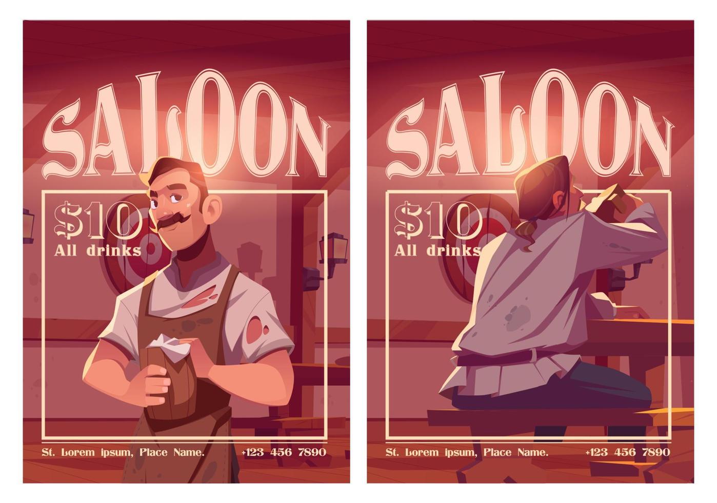 cartazes de anúncios de desenhos animados de saloon com taverna de estilo antigo vetor