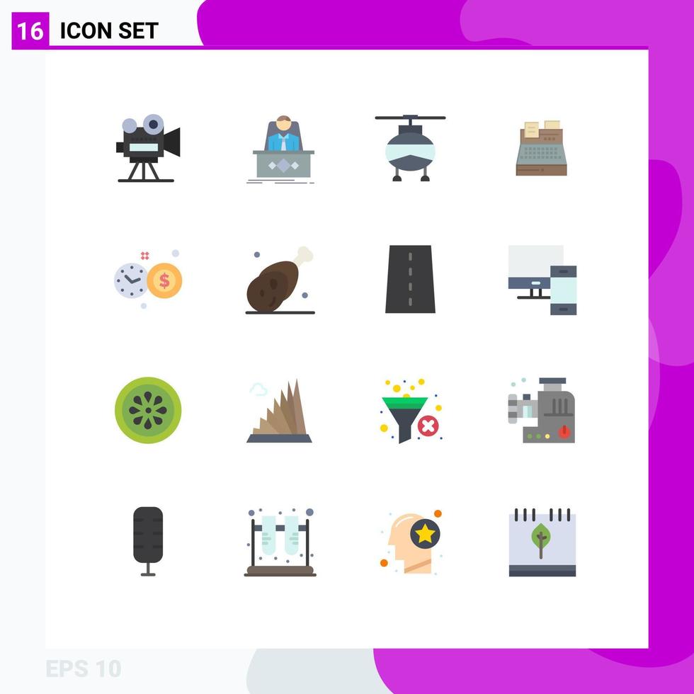pacote de 16 sinais e símbolos modernos de cores planas para mídia de impressão na web, como impressora de relógio, veículos de impressão ceo, pacote editável de elementos de design de vetores criativos