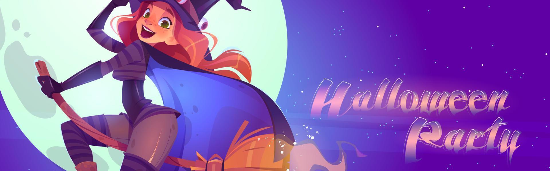 banner de desenho animado de festa de halloween, linda bruxa vetor