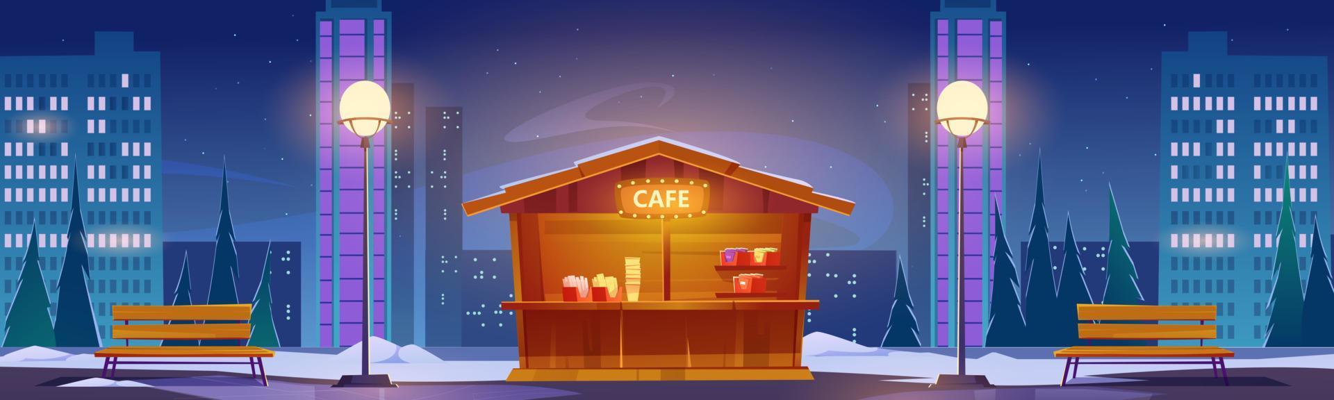 café de fastfood de rua na paisagem urbana de noite de inverno vetor