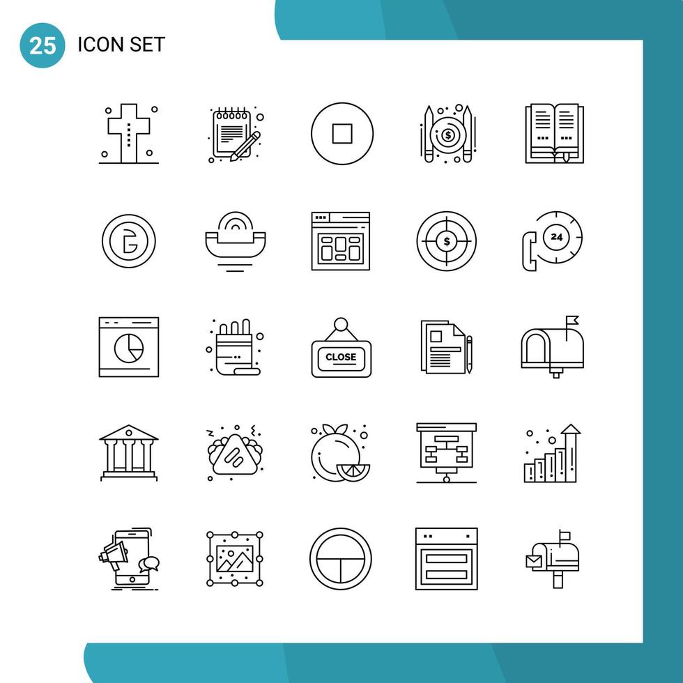 pacote vetorial de 25 ícones de estilo de linha de símbolos de contorno em fundo branco para web e dispositivos móveis vetor