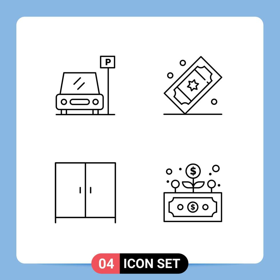 pacote de interface do usuário de 4 cores planas básicas de linhas preenchidas da área de móveis do carro, ingressos de cinema, guarda-roupa, elementos de design vetorial editáveis vetor