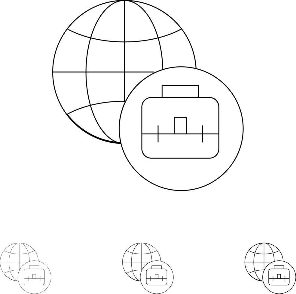 conjunto de ícones de linha preta fina e negrito de negócios internacionais vetor