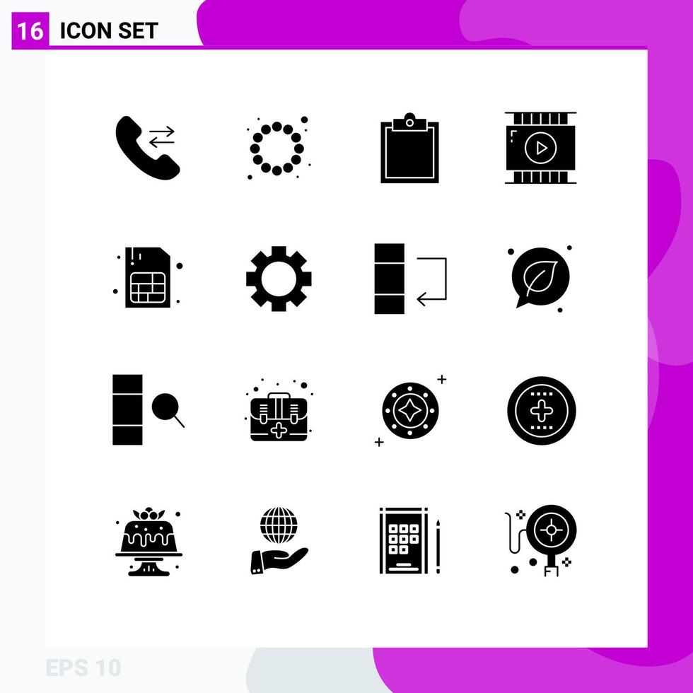Pacote de glifos sólidos de 16 interfaces de usuário de sinais e símbolos modernos de configuração de tarefa sim design de vídeo móvel elementos de design de vetores editáveis
