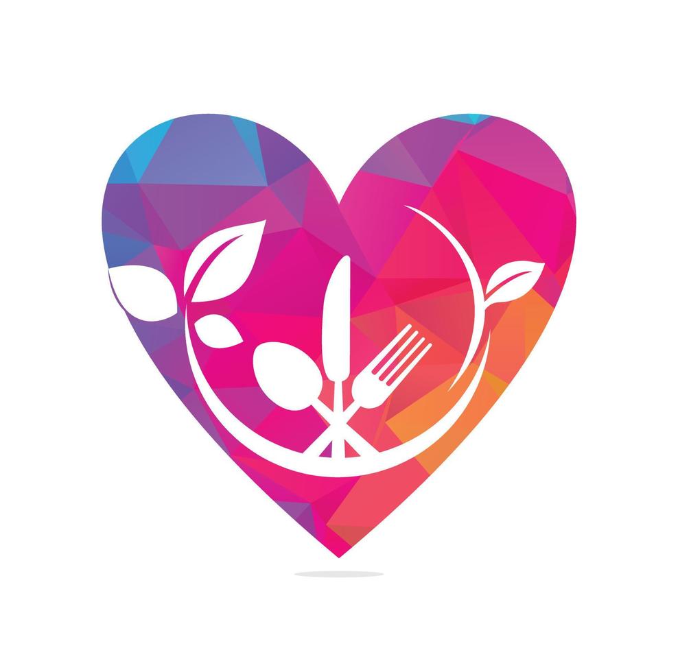 design vetorial de modelo de logotipo de conceito de forma de coração de comida saudável com colheres, garfos e folhas verdes. vetor