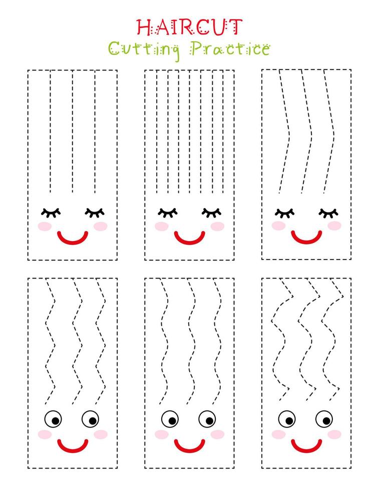 planilha prática de corte para crianças. atividade engraçada de corte de cabelo. exercício de habilidades de tesoura.. habilidades motoras finas. jogo educacional pré-escolar vetor