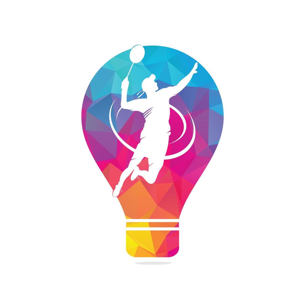 logotipo de conceito de forma de bulbo de jogador de badminton - esmagamento de momento vencedor apaixonado. abstrato profissional jovem atleta de badminton em pose apaixonada. vetor