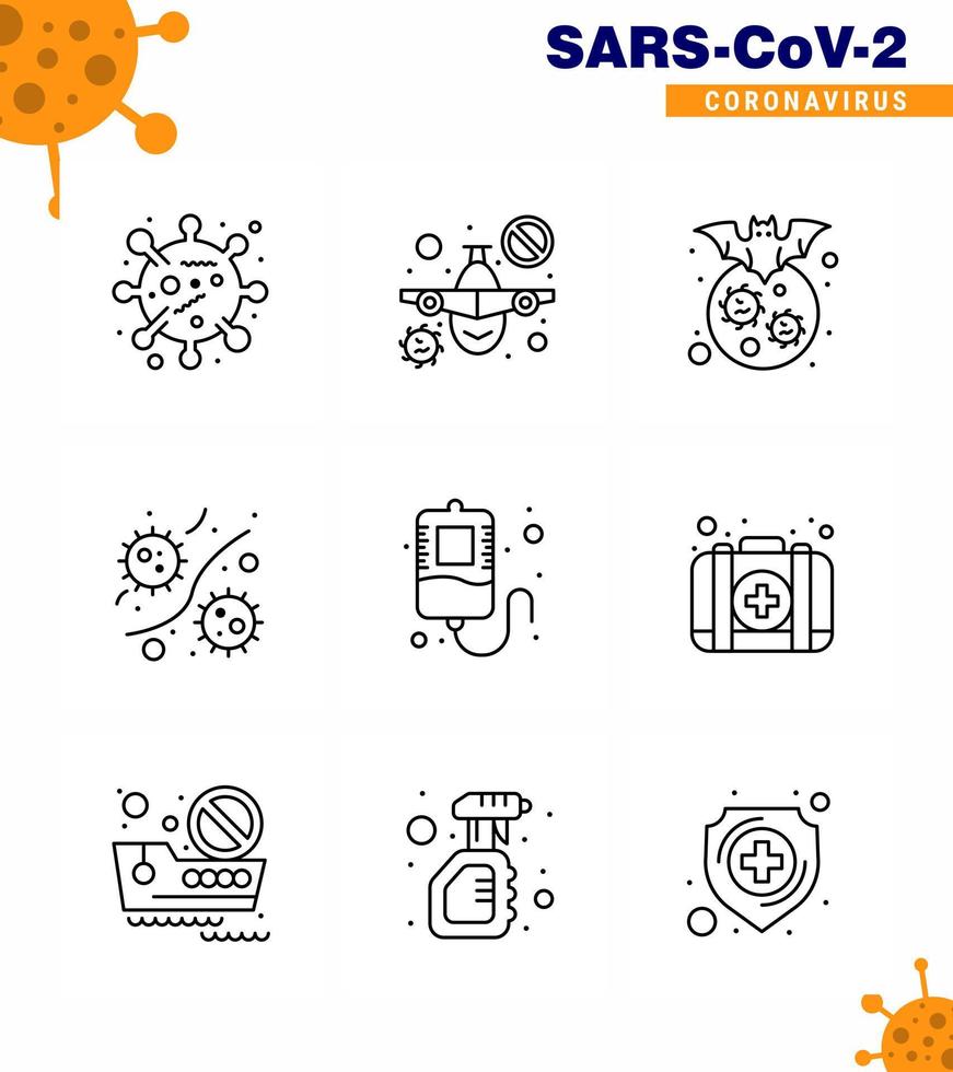 Pacote de ícones de epidemia de coronavírus de 9 linhas sugam como vírus, micróbios, doença de germes de morcego, coronavírus viral, elementos de design de vetor de doença de 2019nov