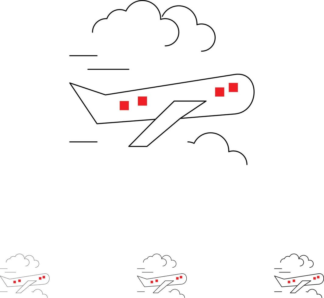 avião de ar avião voar conjunto de ícones de linha preta fina e ousada vetor