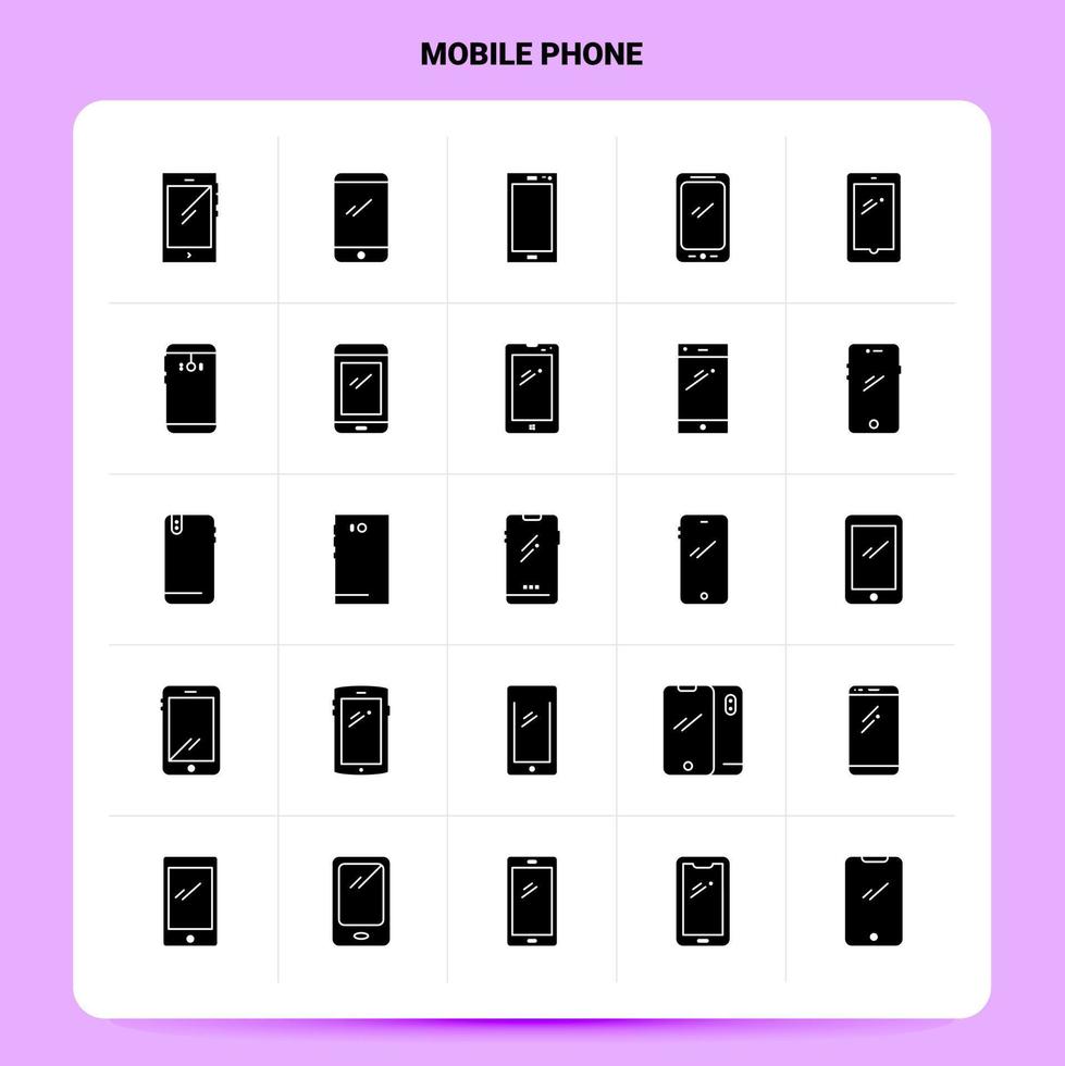 conjunto de ícones de telefone móvel sólido 25 design de estilo de glifo vetorial conjunto de ícones pretos web e design de ideias de negócios móveis ilustração em vetor