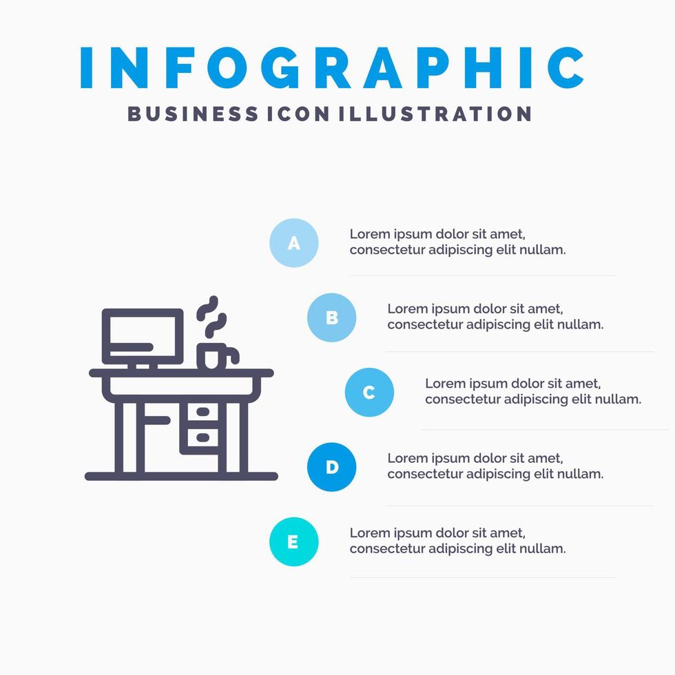 ícone de linha de trabalho de escritório de laptop de trabalho com fundo de infográficos de apresentação de 5 etapas vetor