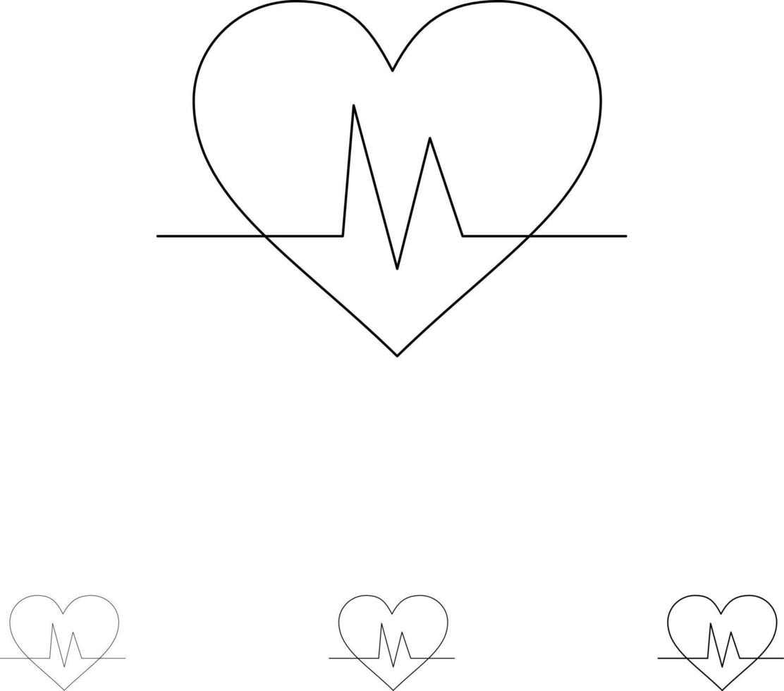 ecg heartbeat pulsação conjunto de ícones de linha preta fina e em negrito vetor