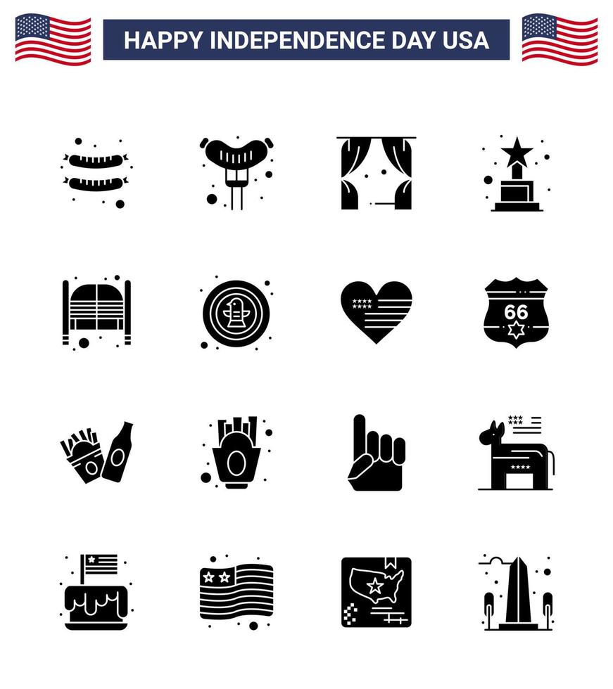 conjunto moderno de 16 glifos e símbolos sólidos no dia da independência dos eua, como comemoração do prêmio americano saloon de entrada editável eua day vector elementos de design