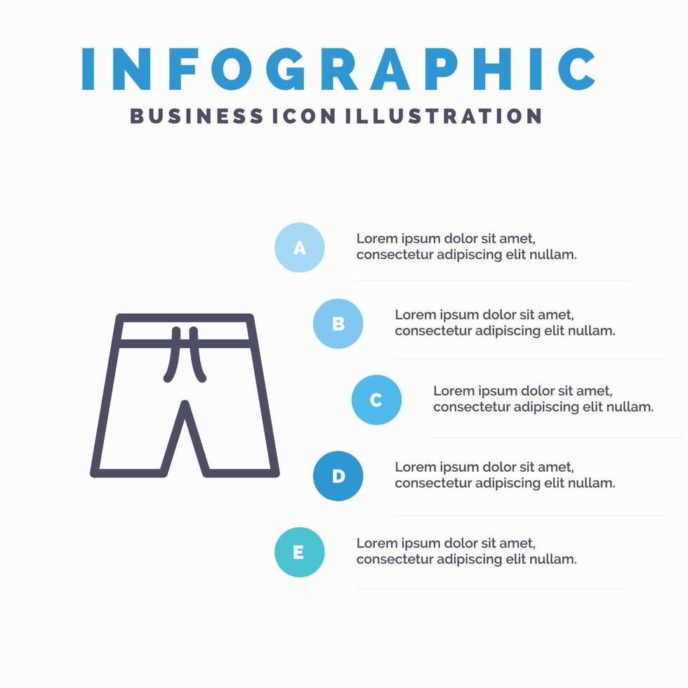 ícone de linha de shorts curtos de roupas de praia com fundo de infográficos de apresentação de 5 etapas vetor