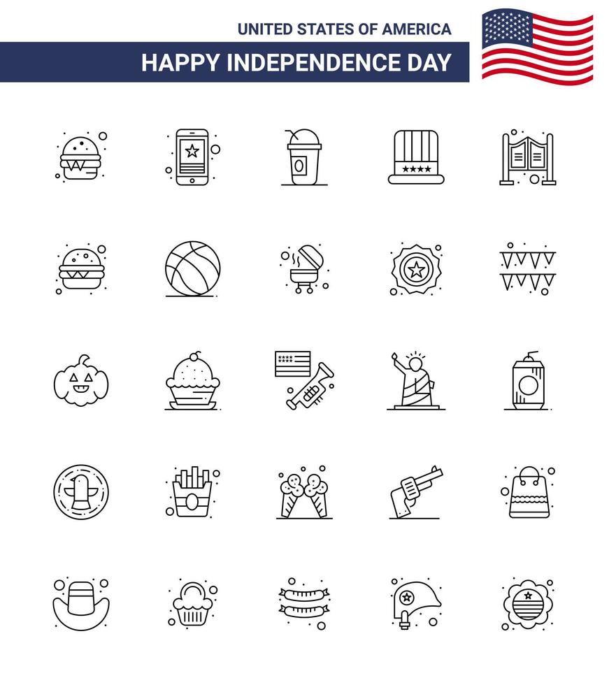 conjunto de linhas do dia da independência dos eua com 25 pictogramas dos eua da tampa do telefone americano da porta estados editáveis dos elementos de design do vetor do dia dos eua