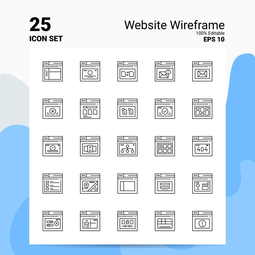 Conjunto de ícones de wireframe de 25 sites 100 eps editáveis 10 arquivos conceito de logotipo de negócios ideias design de ícone de linha vetor