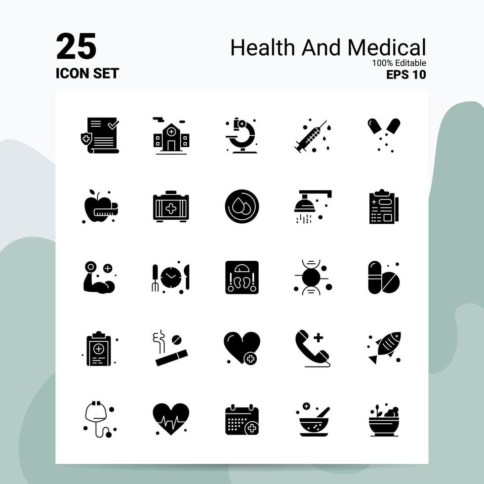 25 conjunto de ícones médicos e de saúde 100 eps editáveis 10 arquivos idéias de conceito de logotipo de negócios design de ícone de glifo sólido vetor