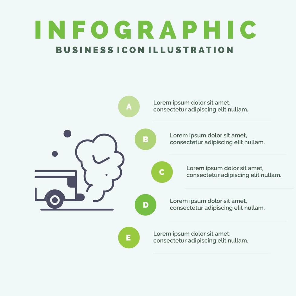 ar carro poluição gás fumaça ícone sólido infográficos 5 passos fundo de apresentação vetor