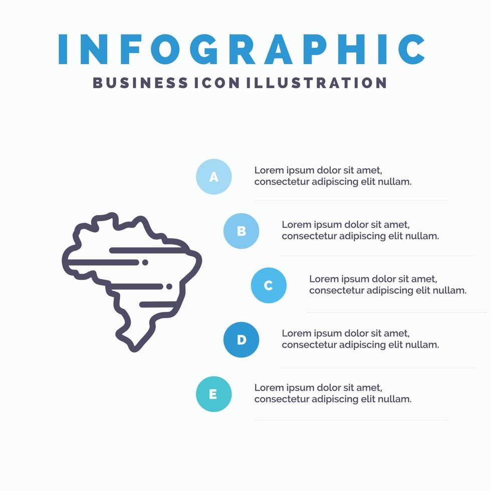 modelo de infográficos de mapa do brasil país azul modelo de ícone de linha de vetor de 5 passos