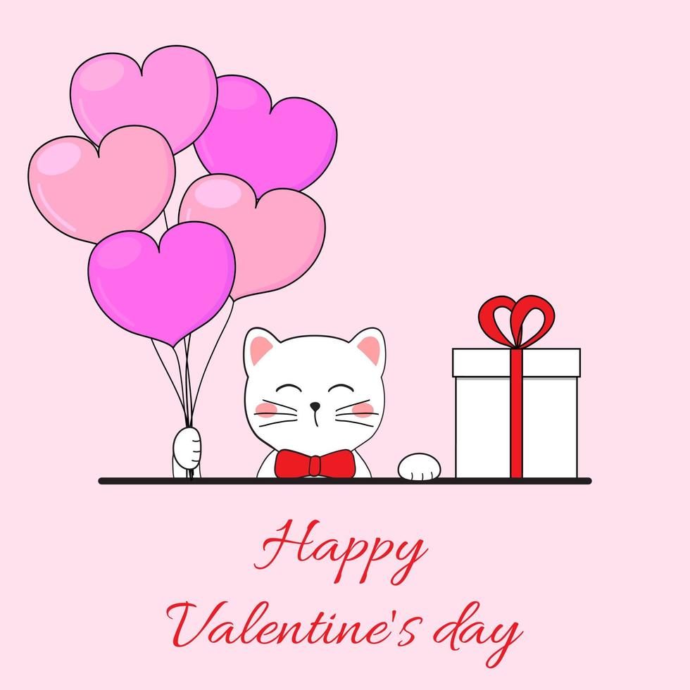 cartão de dia dos namorados. lindo gato branco com um presente e balões. cartão de feliz dia dos namorados. ilustração vetorial vetor