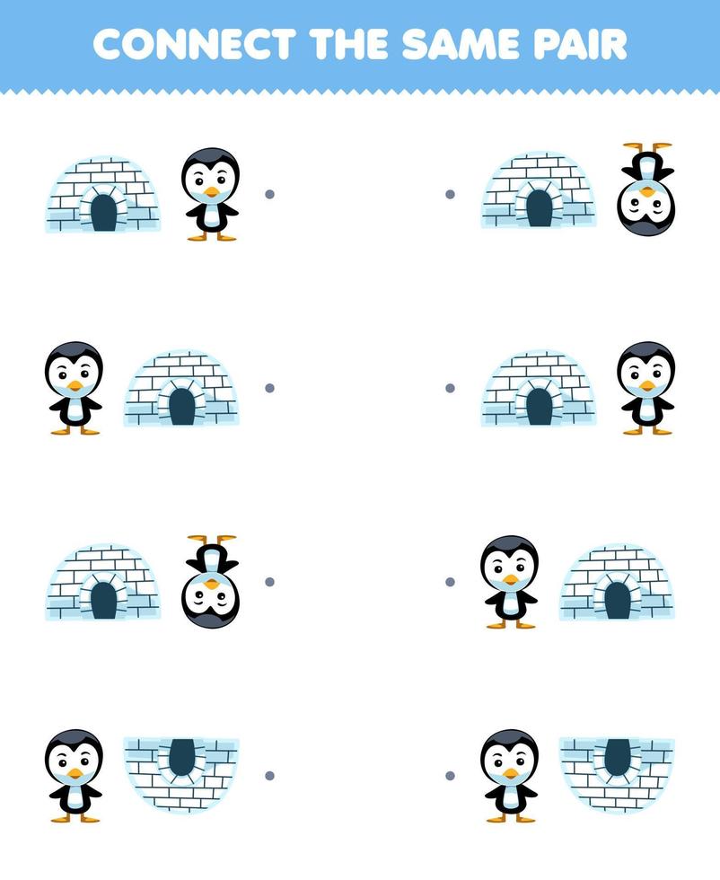 jogo de educação para crianças conectar a mesma imagem de iglu bonito dos desenhos animados e par de pinguins folha de trabalho de inverno imprimível vetor