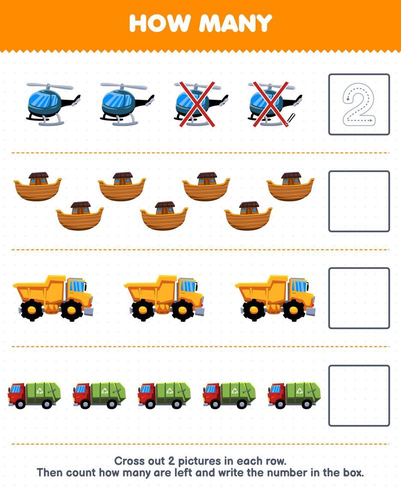 jogo educacional para crianças, conte quantos helicópteros de desenhos animados fofos, caminhão basculante, caminhão de lixo, e escreva o número na planilha de transporte imprimível da caixa vetor